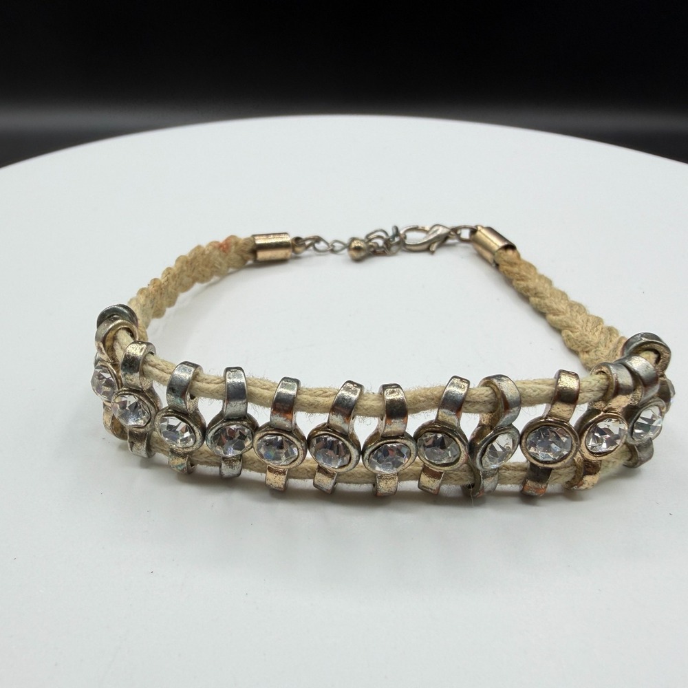 Rhinestone Cord Bracelet Silver Tone Boho Layering Festival Adjustable Gift Her